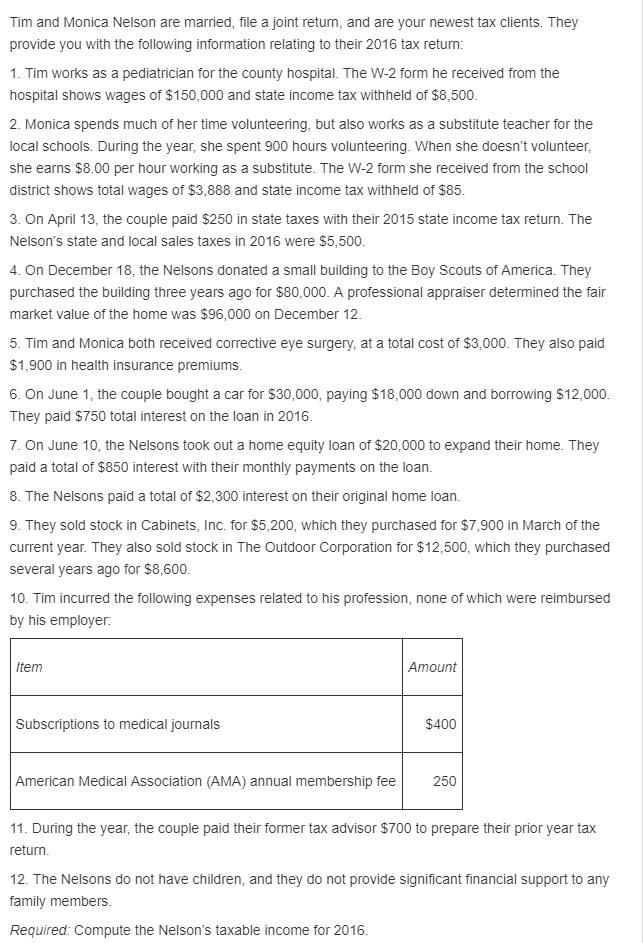 Question: Tim and Monica Nelson are married, file a joint return, and are your newest tax clients. They pro...