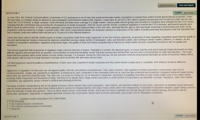 Question: 1 points save Anwer QUESTION 1 in June 2003, the Federal communications Commission (Fcc) announce...