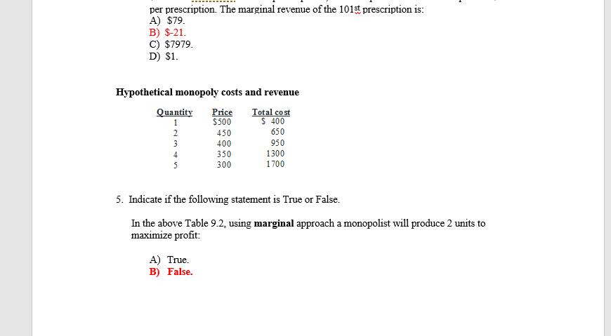 Question: Per prescription. The marginal revenue of the 101st prescription is: A) $79. B) $-21. C) $7979...
