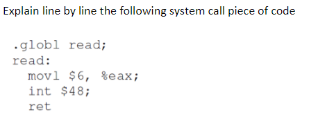 he following system call piece of code Explain line by line t globl read; movl $6, read: %eax ; int $48; ret