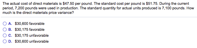 Solved The actual cost of direct materials is $47.50 per | Chegg.com