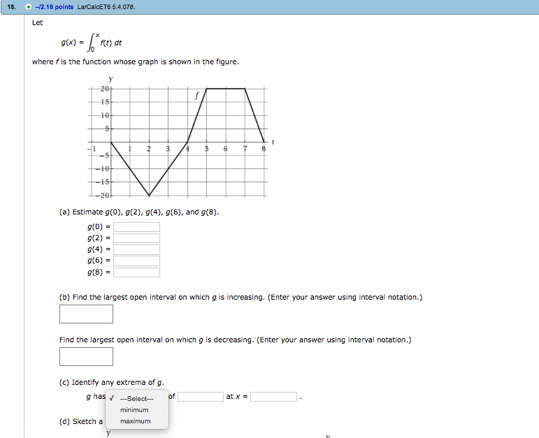 Question: 18. 2.18 points LarCalcET6 5.4.078. Let g(x) = f(t) dt where f is the function whose graph is sho...