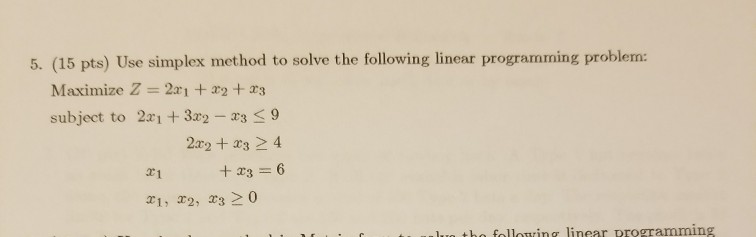 Question: 5. (15 pts) Use simplex method to solve the following linear programming problem Maximize Z = 2x1...