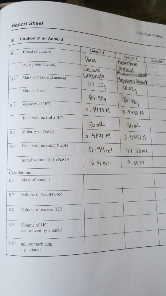 Solved Report Sheet B. Titration Of An Antacid B.1 Brand