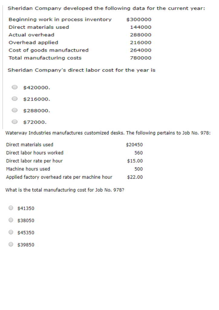 Solved Sheridan Company developed the following data for the 