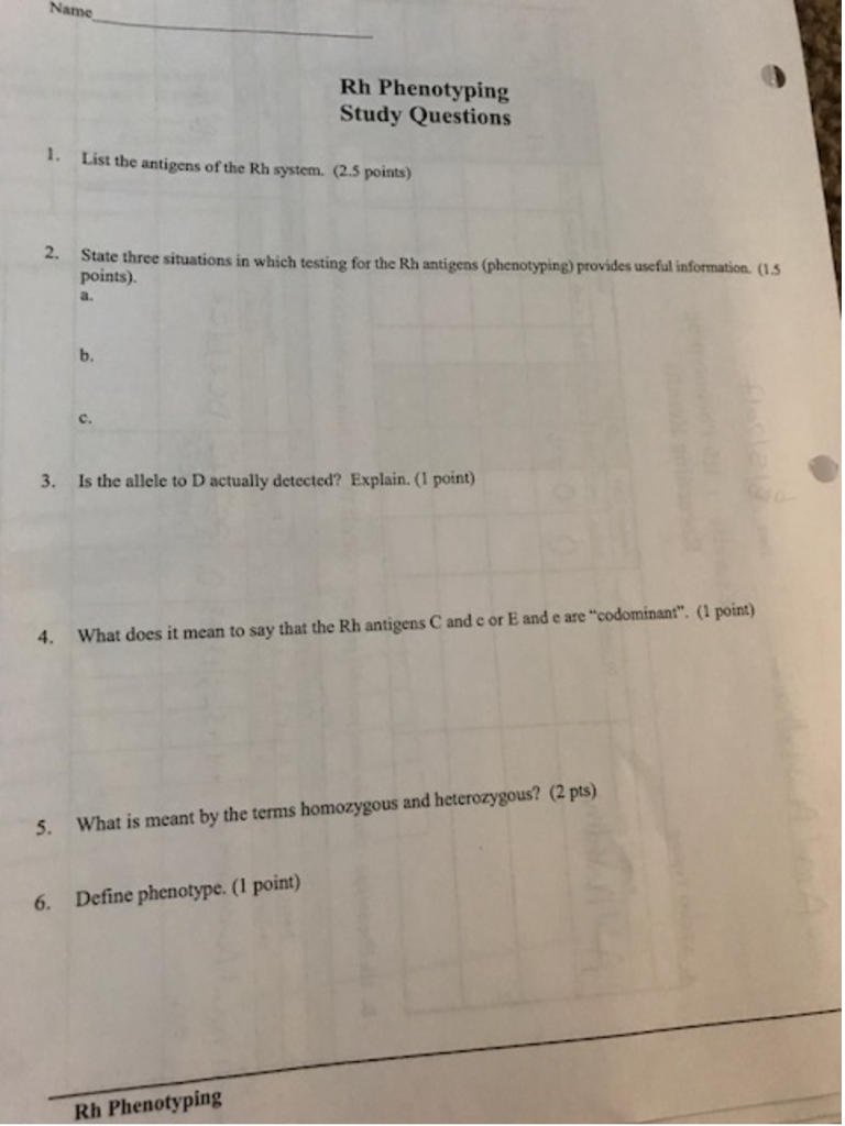 Question: Name Rh Phenotyping Study Questions 1. List the antigens ofthe Rh system. (2.5 points) 2. State t...