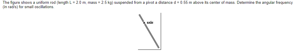 Question: The figure shows a uniform rod (length L = 2.0 m, mass = 2.5 kg) suspended from a pivot a distanc...