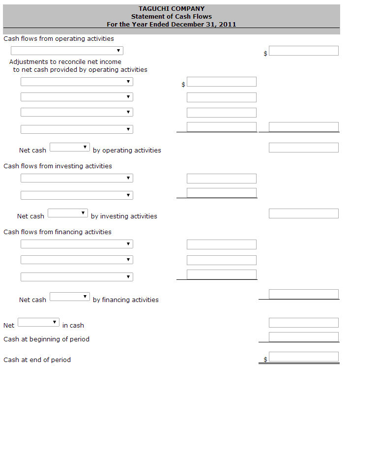 statement of cash flows for 2011 using the indirect method for taguchi company E13-8_taguchi company_statement of cash flows for 2011 calculate the price. statement of cash flows for 2011 using the indirect method for taguchi company E13-8_taguchi company_statement of cash flows for 2011 calculate the price.