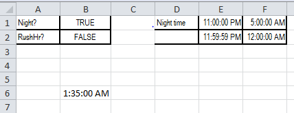 1 Night? 2 RushHr? Night time11:00:00 PM 5:00:00 AM 11:59:59 PM 12:00:00 AM TRUE FALSE 4 1:35:00 AM