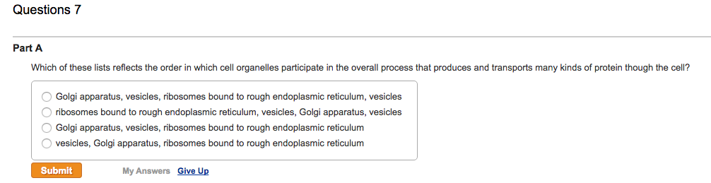 Question: Which of these lists reflects the order in which cell organelles participate in the overall proce...