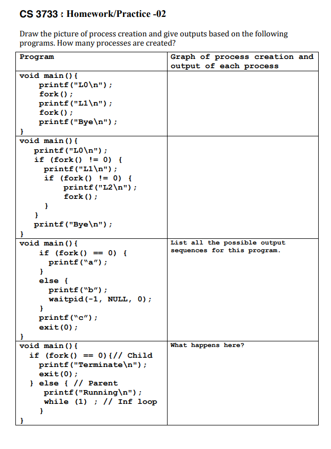 CS 3733 : Homework/Practice -02 Draw the picture of process creation and give outputs based on the following programs. How many processes are created? Program Graph of process creation and output of each process void main)t printf (LOn) fork ) printf (L1n) fork ) printf (Byen); void main () printf (LOn) if (fork ( ) != 0) { printf(Lln) if (fork ( ) != 0) { printf (L2n) fork ) printf (Byen); void main () if List all the possible output sequences for this program 0) { (fork ( ) printf (a) else printf (b); waitpid(-1, NULL, 0) printf(c) exit(0) void main () f What happens here? -o)/I child printf (Terminaten); exit (0); else // Parent printf (Runningn); while (1)1/ Inf loop