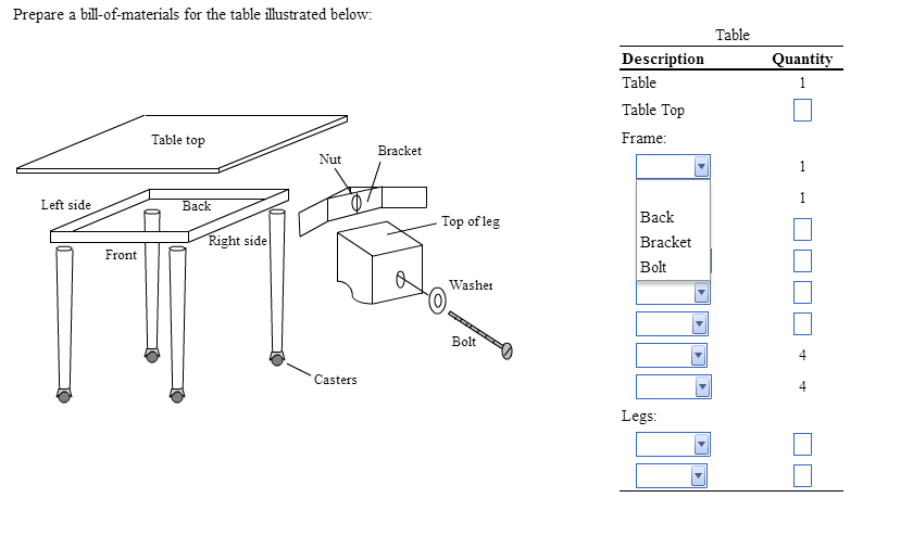 Solved Prepare a bill-of-materials for the table ilustrated 
