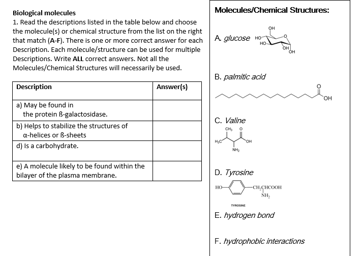 Question: Read the descriptions listed in the table below and choose the molecule(s) or chemical structure ...