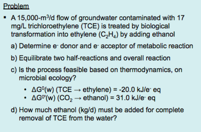 Question: Problem A 15,000-m3/d flow of groundwater contaminated with 17 mg/L trichloroethylene (TCE) is tr...