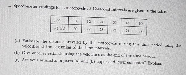 Question: 1. Speedometer readings for a motorcycle at 12-second intervals are given in the table. t (s) 0 1...