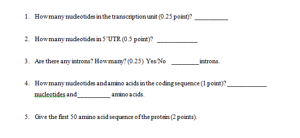 Question: 1. Howmany nudeotides in the transcription unit (0.25 point)? 2. How many nudeoti des in 5、UT (...