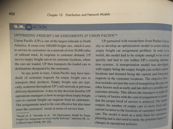 Question: 432 Chapter 10 Distribution and Network Models a.M. in ACTION OPTIMIZING FREIGHT CAR ASSIGNMENTS ...