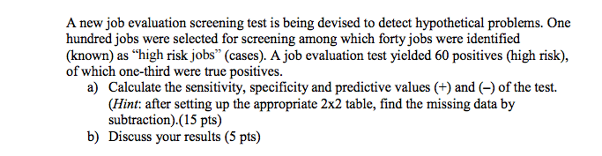 Question: A new job evaluation screening test is being devised to detect hypothetical problems. One hundred...