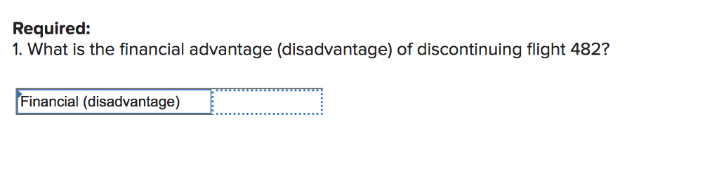 Required: 1. What is the financial advantage (disadvantage) of discontinuing flight 482? Financial (disadvantage) 