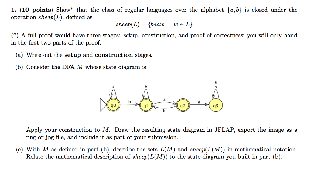 1. (10 points) Show* that the class of regular languages over the alphabet (a, b is closed under the operation sheep(L), defined as sheep(L)-(baau I we L} (*A full proof would have three stages: setup, construction, and proof of correctness; you will only hand in the first two parts of the proof. (a) Write out the setup and construction stages. (b) Consider the DFA M whose state diagram is: q2 q3 Apply your construction to M. Draw the resulting state diagram in JFLAP, export the image as a png or jpg file, and include it as part of your submission. (c) With M as defined in part (b), describe the sets L(M) and sheep(L(M)) in mathematical notation. Relate the mathematical description of sheep(L(M)) to the state diagram you built in part (