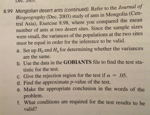 Solved Mongolian desert ants (continued). Refer to the | Chegg.com