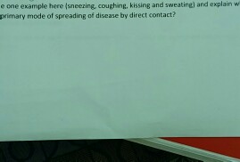 Question: E one example here sneezing, coughing, kissing and sweating) and explain w by direct contact? pri...