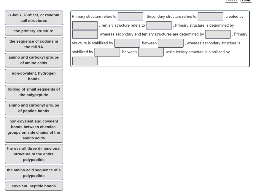 Question: α-helix, β-sheet, or random coil structures Primary structure refers to Secondary structure ref...