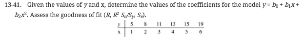 Question: 13-41. Given the values of y and x, determine the values of the coefficients for the model y-b bi...