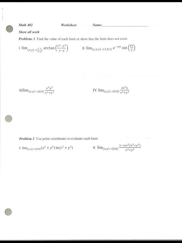 worksheet Evaluating Limits Worksheet solved name math 402 show all work problems1 find the va value of each limit or show