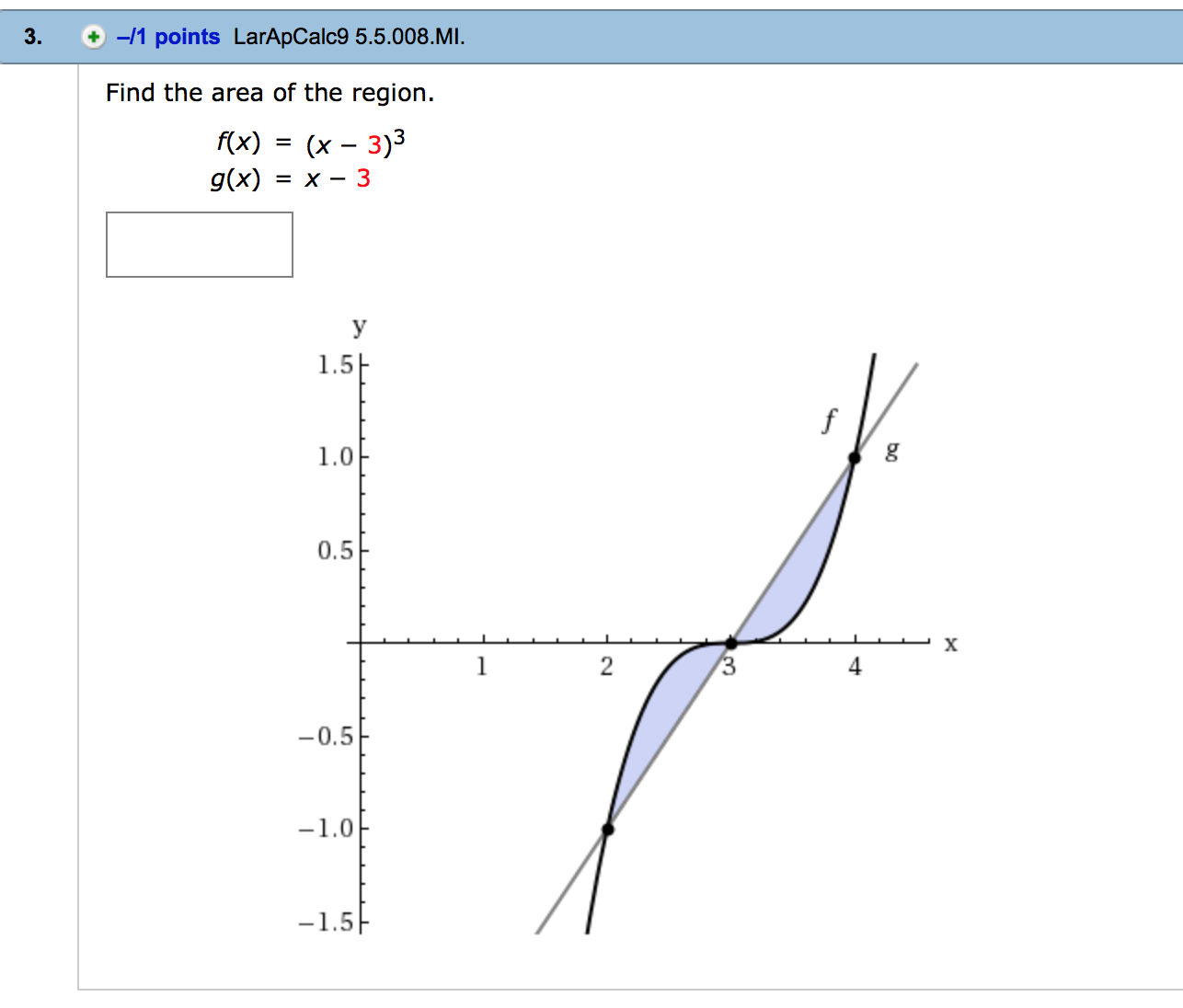 Solved Find the area of the region. f(x) = x^3 g(x) = x^4 | Chegg.com