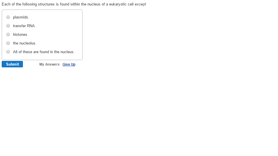 Question: Each of the following structures is found within the nucleus ofa eukaryotic cell except