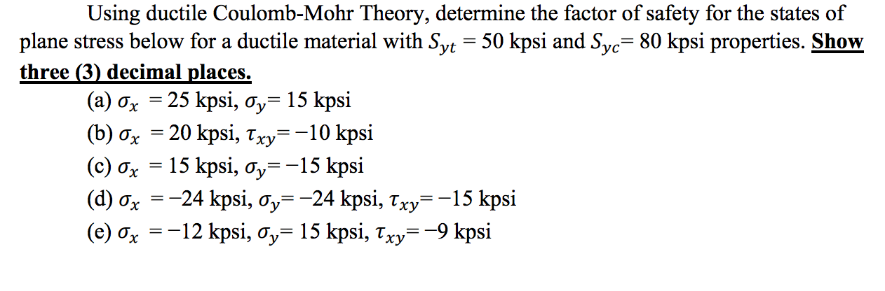 Solved Using ductile Coulomb-Mohr Theory, determine the | Chegg.com