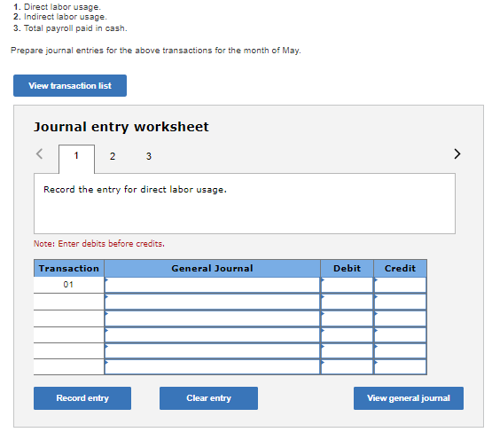 Question: 1. Direct labor usage Prepare journal entries for the above transactions for the month of May. Vi...