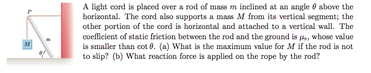 Question: A light cord is placed over a rod of mass m inclined at an angle θ above the horizontal. The cor...