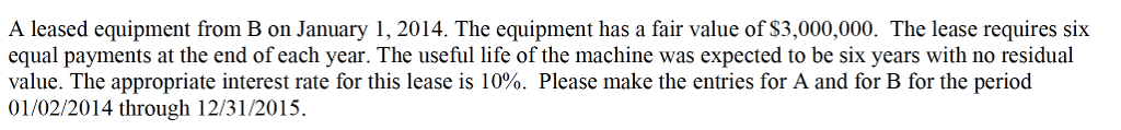 Question: A leased equipment from B on January 1, 2014. The equipment has a <a href=