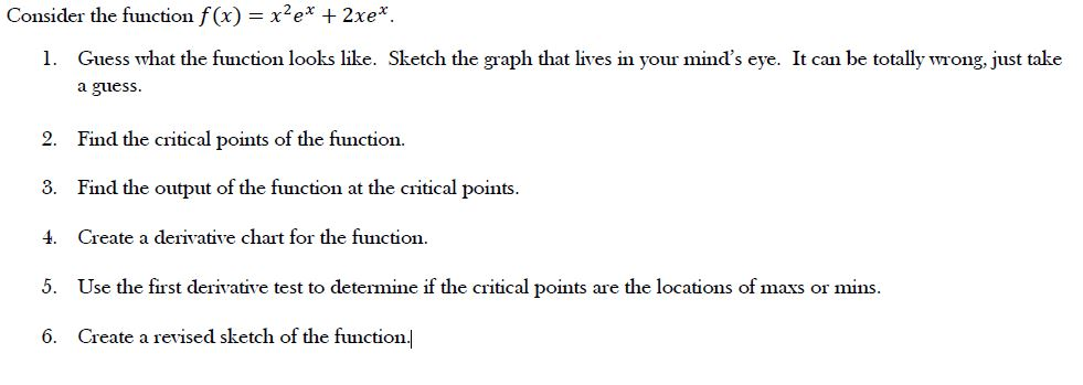 Question: Consider the function f(x) = xex + 2xex 1. Guess what the function looks like. Sketch the graph t...
