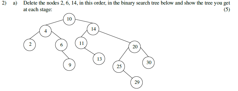 2) Delete the nodes 2, 6, 14, in this order, in the binary search tree below and show the tree you get at each stage: a) 10 14 4 2. 6 20 13 30 25) 29
