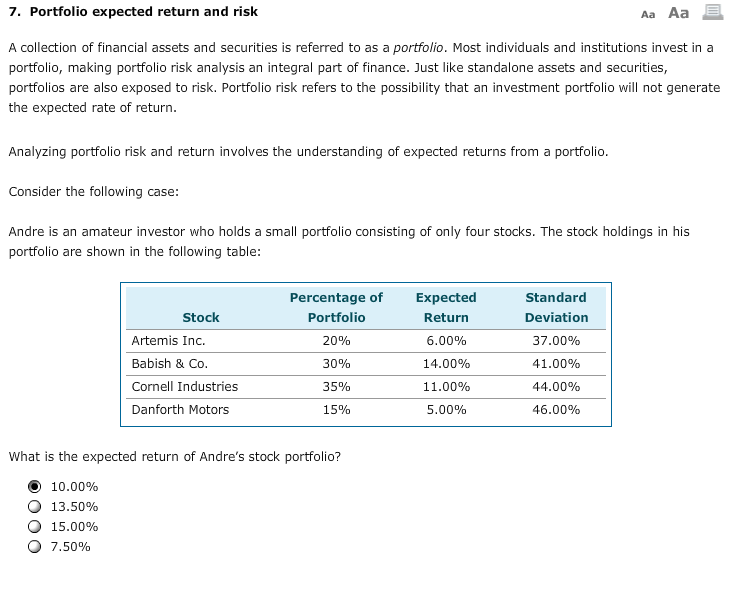 Solved 7. Portfolio Expected Return And Risk Aa Aa A Coll...