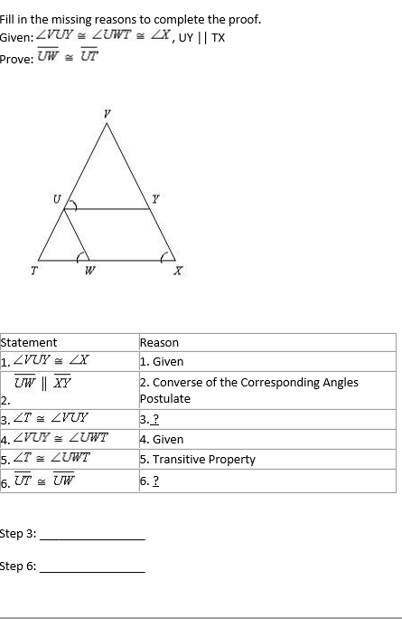 Solved Fill In The Missing Reasons To Complete The Proof