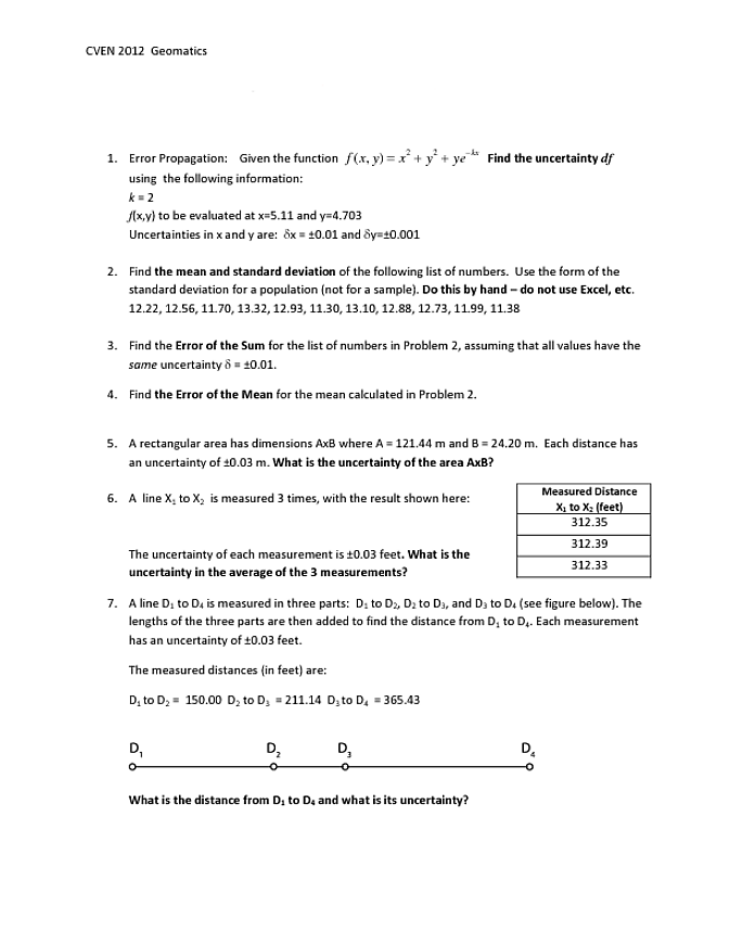 Question: CVEN 2012 Geomatics 1. Given the function f(x.y)-r+'+ye* Find the uncertainty df Error Propagatio...
