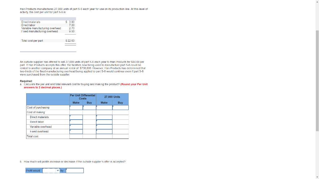 Han Products manufactures 27,000 units of part S activity the cost per unit tor part S IS esch year for use on its production line. A: this level of S 3.90 7.00 2.70 9.D0 Direcl malerials Direct labor ariable manufacturing overheed Fxed manufacturnng overheed Totel cost per part S22.60 An outside supplier has ottered to sell 2floo units ot part S each year to Han Products tor $44.00 pr part If Han Products accepts this otter the tacilites now beingdto manutacture part S-i could he rented to anolher company at an annual rental of 5738,300 However Han Products has dctemined that two-thirds of Une: fixed rnorulacluring overhead being 비pplied lo parl S-6 would ugnlirIUB even if pill S-6 were purchased from the outside supplier. Required: a Cacu ate the per unit and total relevant cost tor buying and making the produci? (Round your Per Unit answers to 2 decimal places.) Per Unit Differential Costs 27,000 Units Make Buy Make Buy Cost of purchasing Cost ot making Direct materials birect labor Varable ovgrheac -ixed averhes olal cost b How much will protits increase ar decrease the ourside supplies ater is accepten t woud 