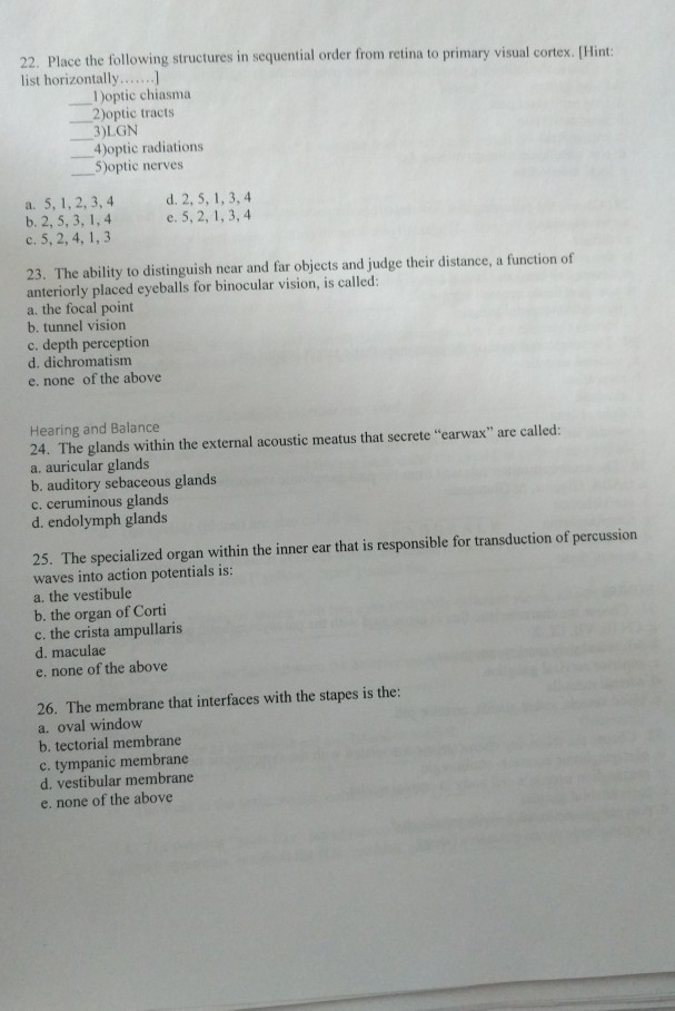 Question: 22. Place the following structures in sequential order from retina to primary visual cortex. [Hin...
