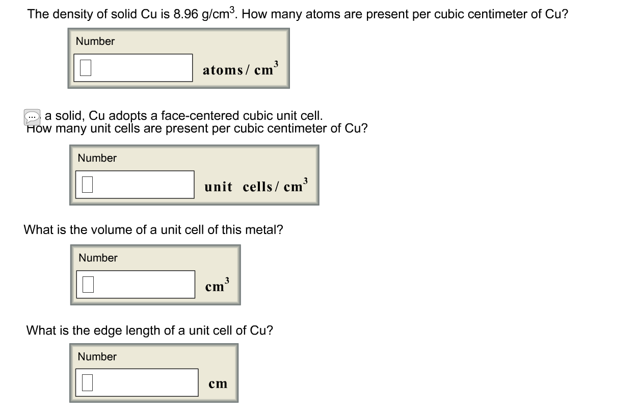 Solved The density of solid Cu is 8.96 g/cm^3. How many | Chegg.com