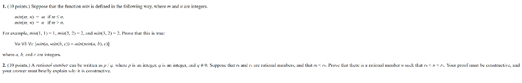 1·(10 points.) Suppose that the function m is defined in the following way, where m and are integers. For example, trin(1·1)-I , no(3, 2)-2, and an(3,2)-2. Prove that this is true: where a, b, and e are integers your answer must hriefly explain why it is constructive