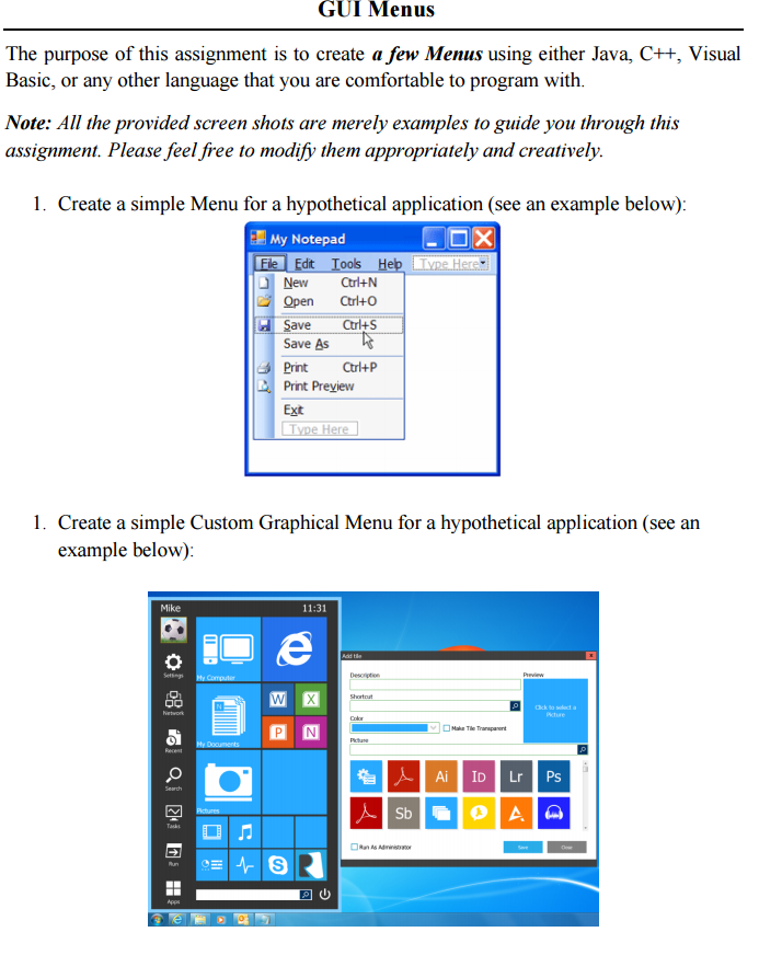 Solved GUI Menus The Purpose Of This Assignment Is To Cre...