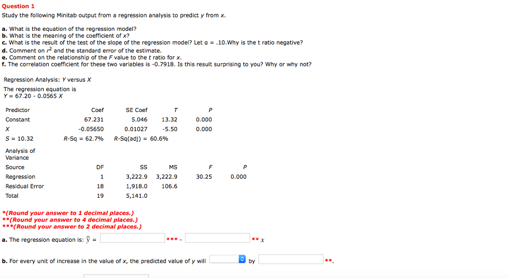 Question 1 Study the following Minitab output from a regression analysis to predict y from x a. What is the equation of the regression model? b. What is the meaning of the coefficient of x? c. what is the result of the test of the slope of the regression model? Let a = .10·Why is the t ratio negative? d. Comment on and the standard error of the estimate e. Comment on the relationship of the F value to the t ratio forx f. The correlation coefficient for these two variables is -0.7918. Is this result surprising to you? Why or why not? Regression Analysis: Y versus X The regression equation is Y= 67.20-0.0565 X Coef 67.231 0.05650 R-Sq=62.7% SE Coef 5.046 0.01027 R-Sq(adj)= Predictor Constant 13.32 0.000 5.50 0.000 S = 10.32 60.6% Analysis of Variance Source Regression Residual Error Total DF MS 30.25 0.000 3,222.9 3,222.9 1,918.0 106.6 5,141.0 18 19 (Round your answer to 1 decimal places.) (Round your answer to 4 decimal places.) Round your answer to 2 decimal places.) a. The regression equation is: b. For every unit of increase in the value of x, the predicted value of y will by KX