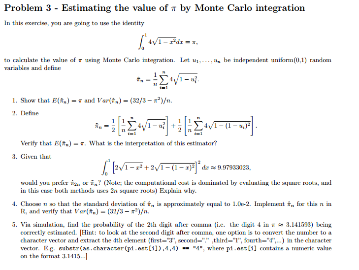 Estimating The Value Of Pi By Monte Carlo Integrat... | Chegg.com