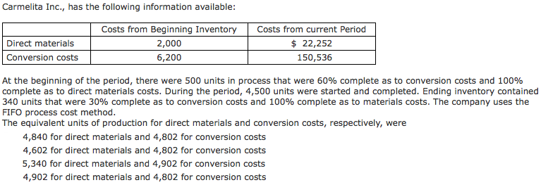 Solved Carmelita Inc., has the following information | Chegg.com