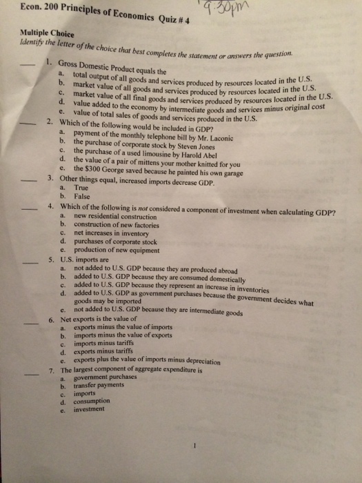 Multiple Choice Questions For Economics With Answers
