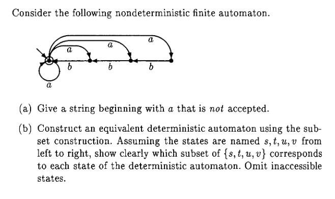 Consider the following nondeterministic finite automaton (a) Give a string beginning with a that is not accepted (b) Construct an equivalent deterministic automaton using the sub- set construction. Assuming the states are named s, t, u, v fronm left to right, show clearly which subset of {s, t, u, v corresponds to each state of the deterministic automaton. Omit inaccessible states